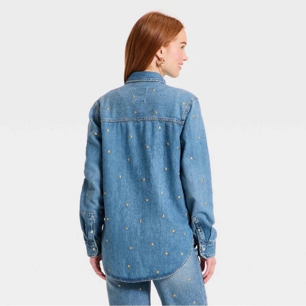 Women's Valentine's Day Relaxed Embellished Denim Shirt - Universal Thread NWT - Picture 2 of 3